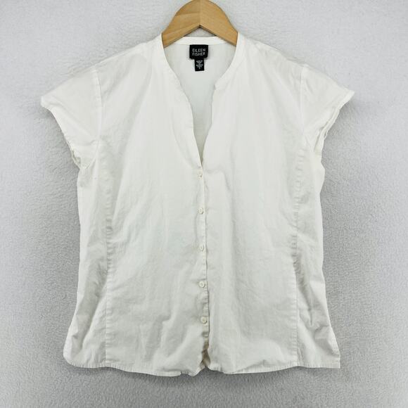 EILEEN FISHER Top S Shirt Cotton Poplin Mandarin Button Front Cap Sleeve White - Picture 1 of 14